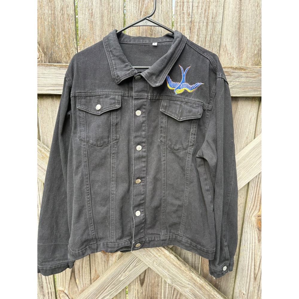 Black Denim Trucker Jacket Embroidered Swallow Rose Bird Tattoo Style Large